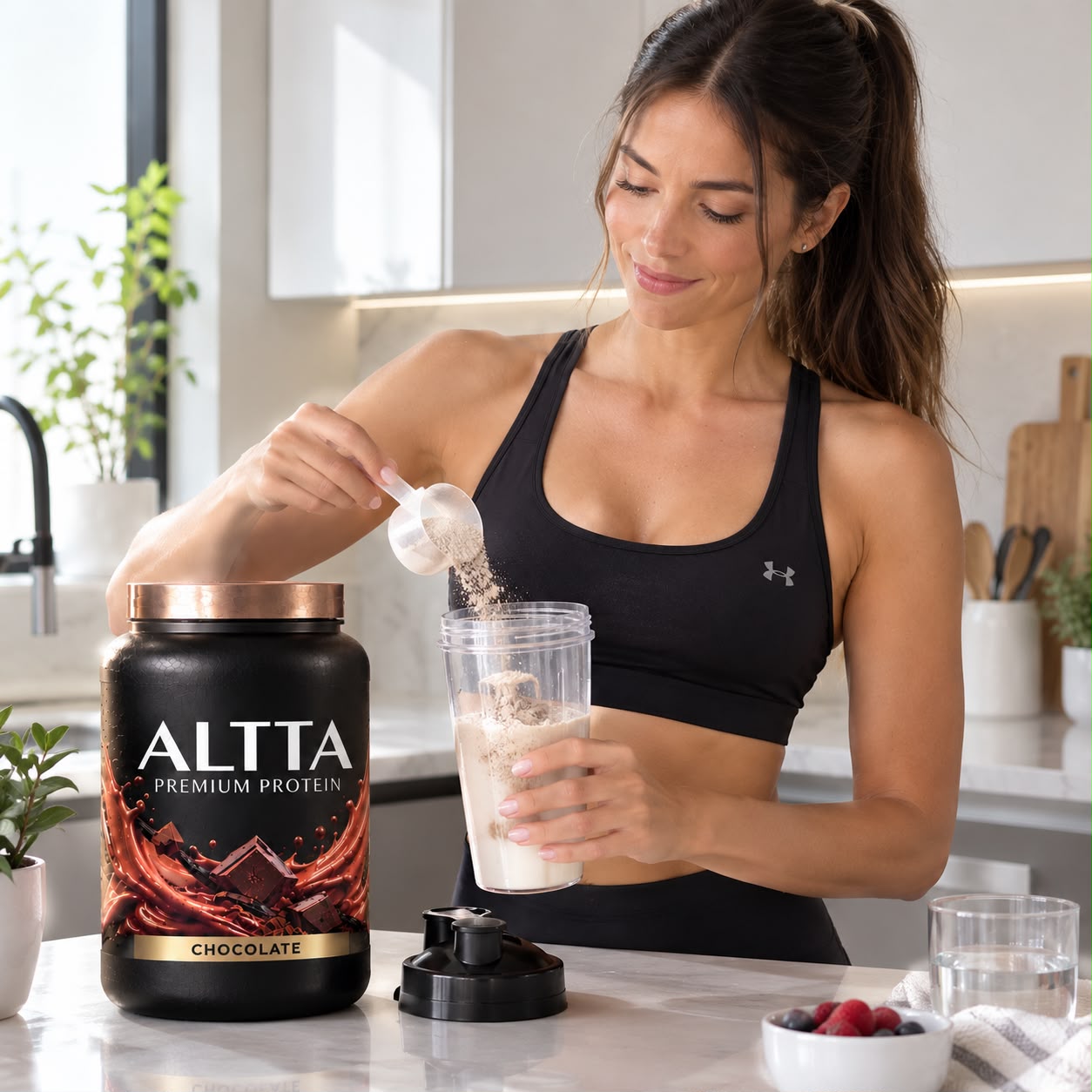 Mujer disfrutando su proteína WheyProteins en casa