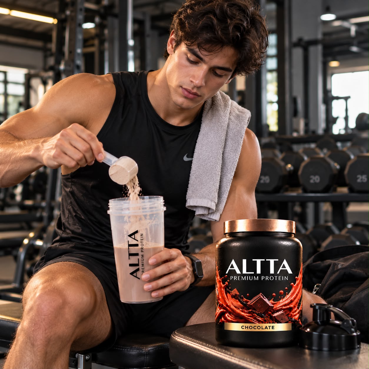 Hombre tomando proteína después de entrenar