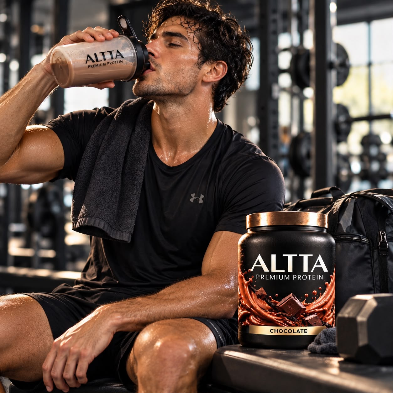 Deportista tomando proteína en el gimnasio